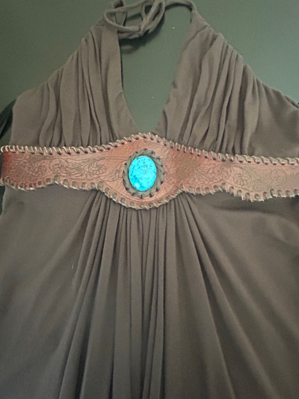 Sky Brown Top with Turquoise Stone-Whipstitched faux Leather Waistband.NWT. Sz L - Picture 7 of 15